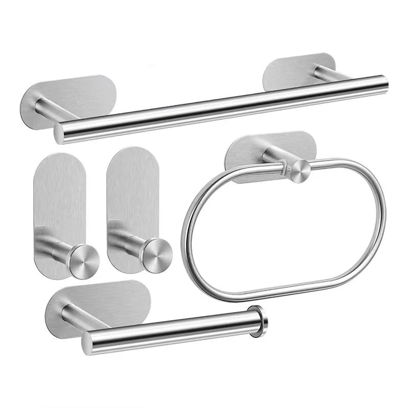 No Drilling Stainless Steel Towel Bar Paper Holder Self-adhesive Towel Ring Robe Hook Matte Black Silver Bathroom Accessory Set