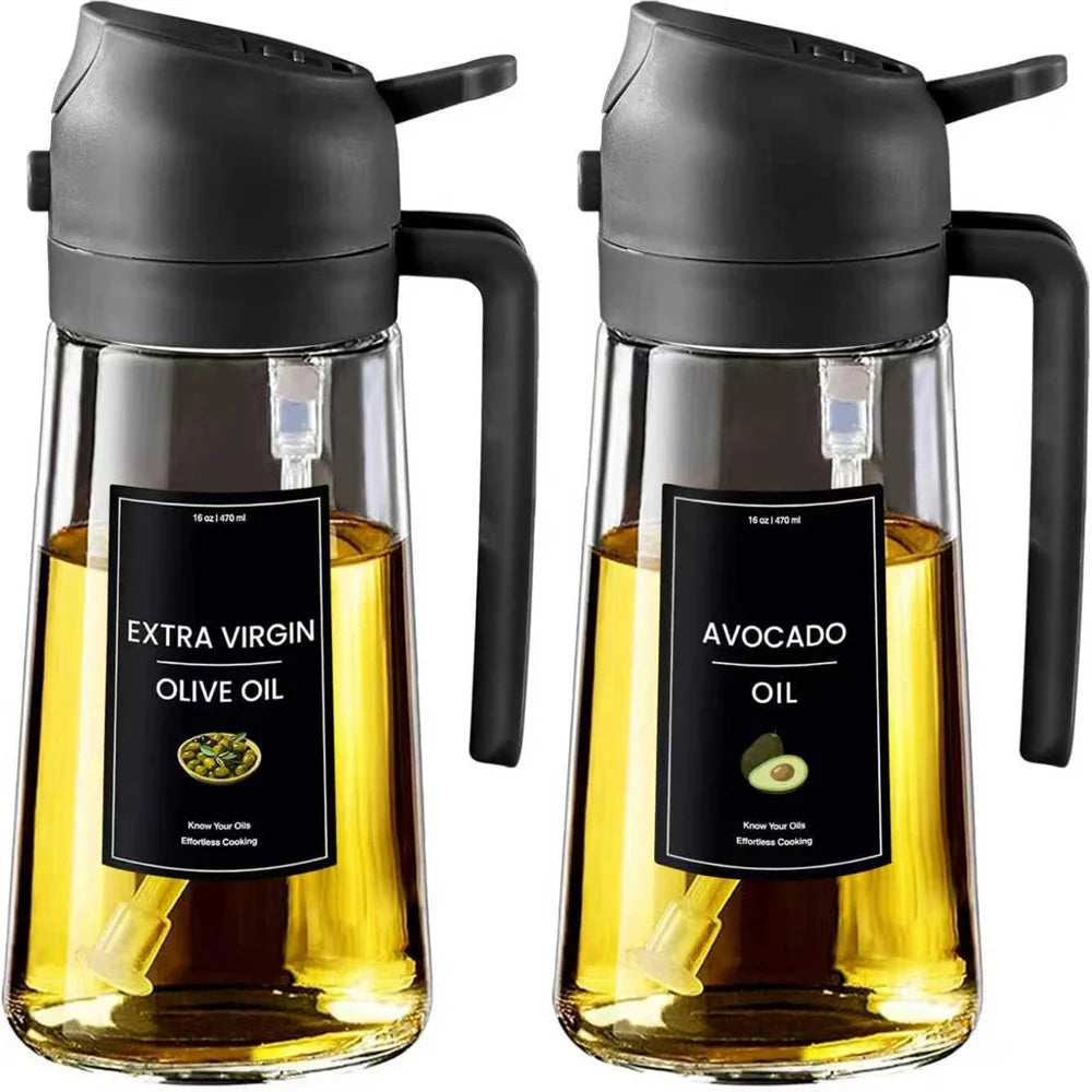 Distributeur d'huile 2en1 470 ml – Spray et bec verseur pour cuisine, avec étiquettes