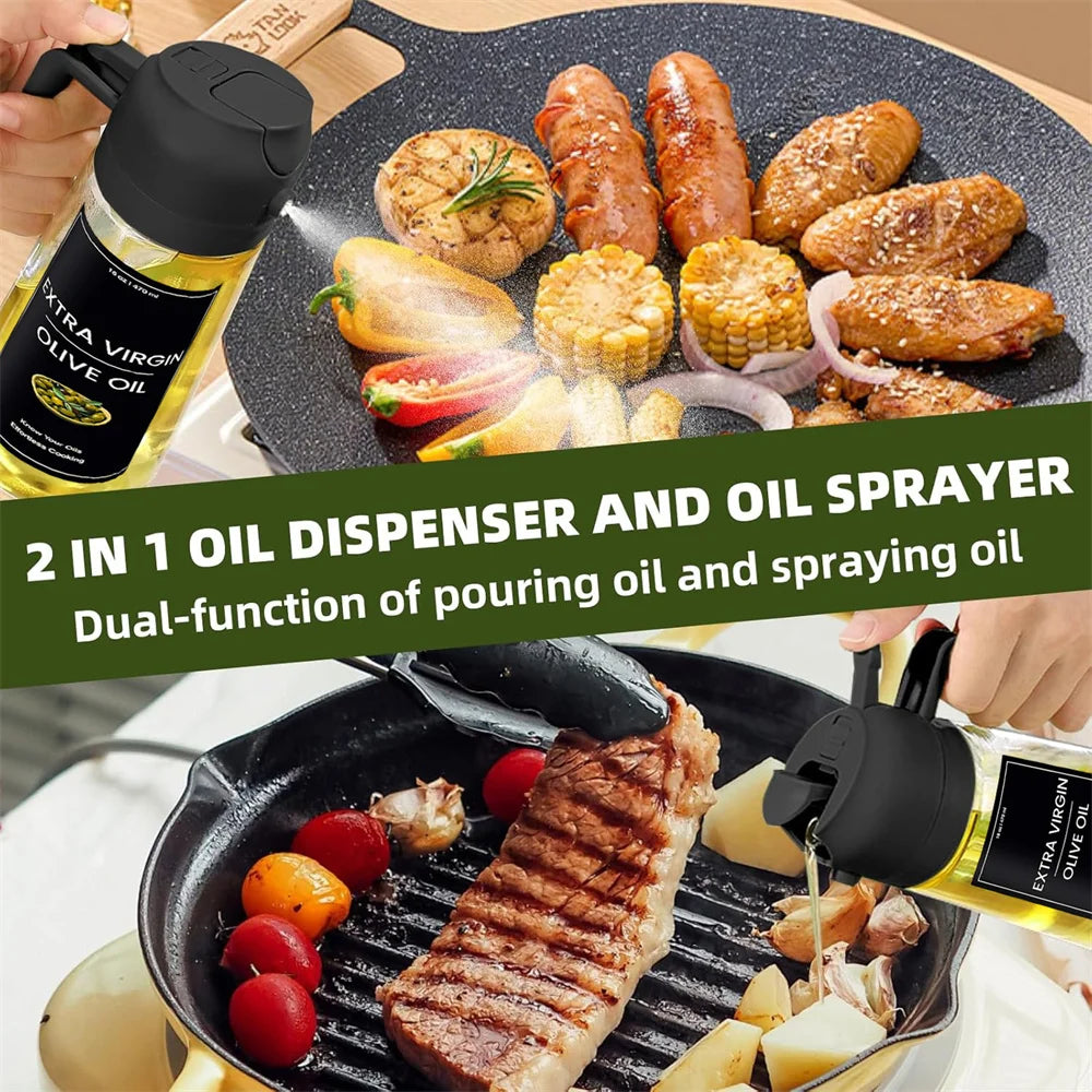 Flacon pulvérisateur d'huile en verre 470 ml avec étiquettes – Spray 2en1 alimentaire