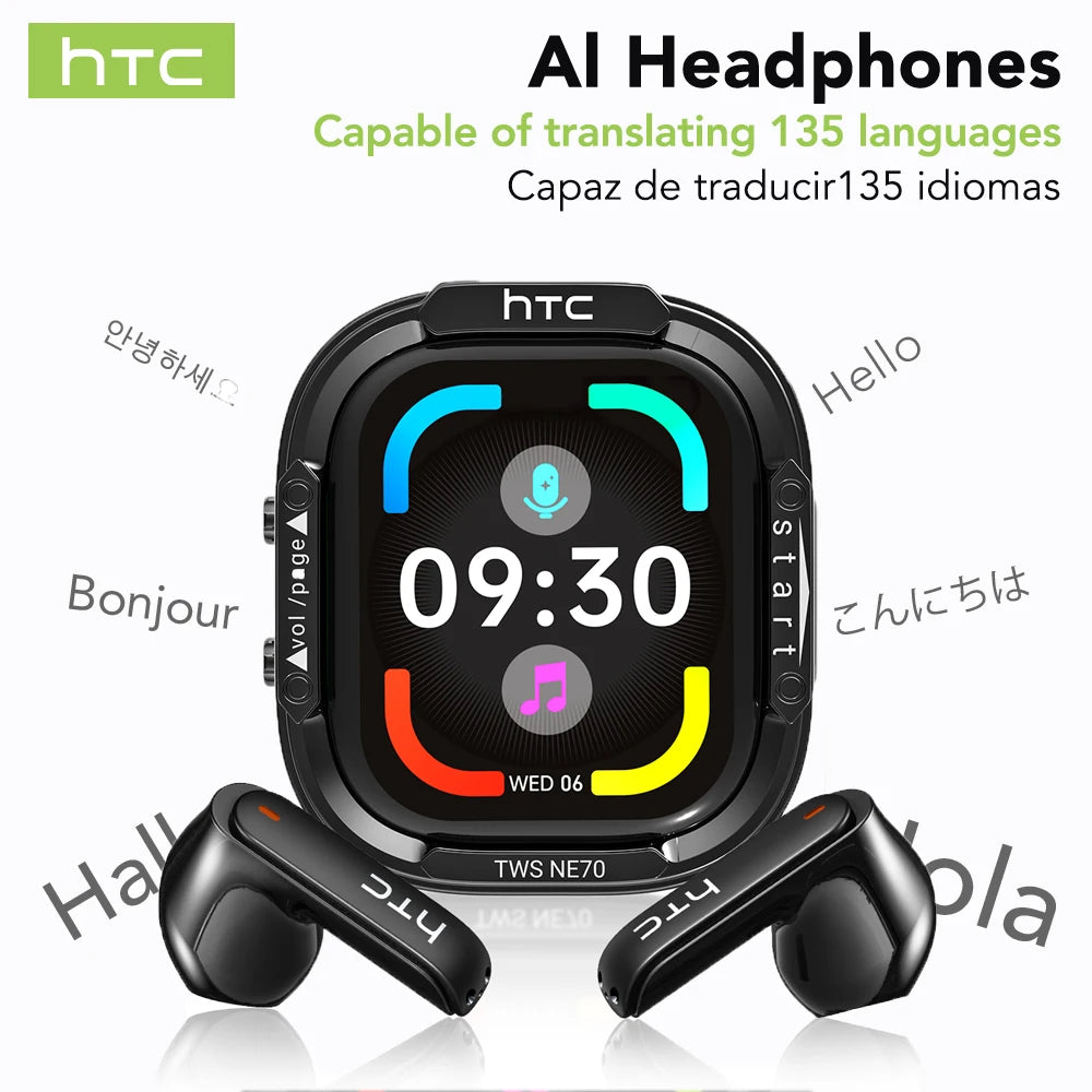 Bluetooth Headset HTC NE70 True Wireless Earbuds with AI Two-Way Translation Auriculares Traductor De Idioma 2026, 360° Surround Sound, Ecouteurs Bluetooth Sans Fil, Ultra Comfort Lightweight for Sports & Travel, Works with