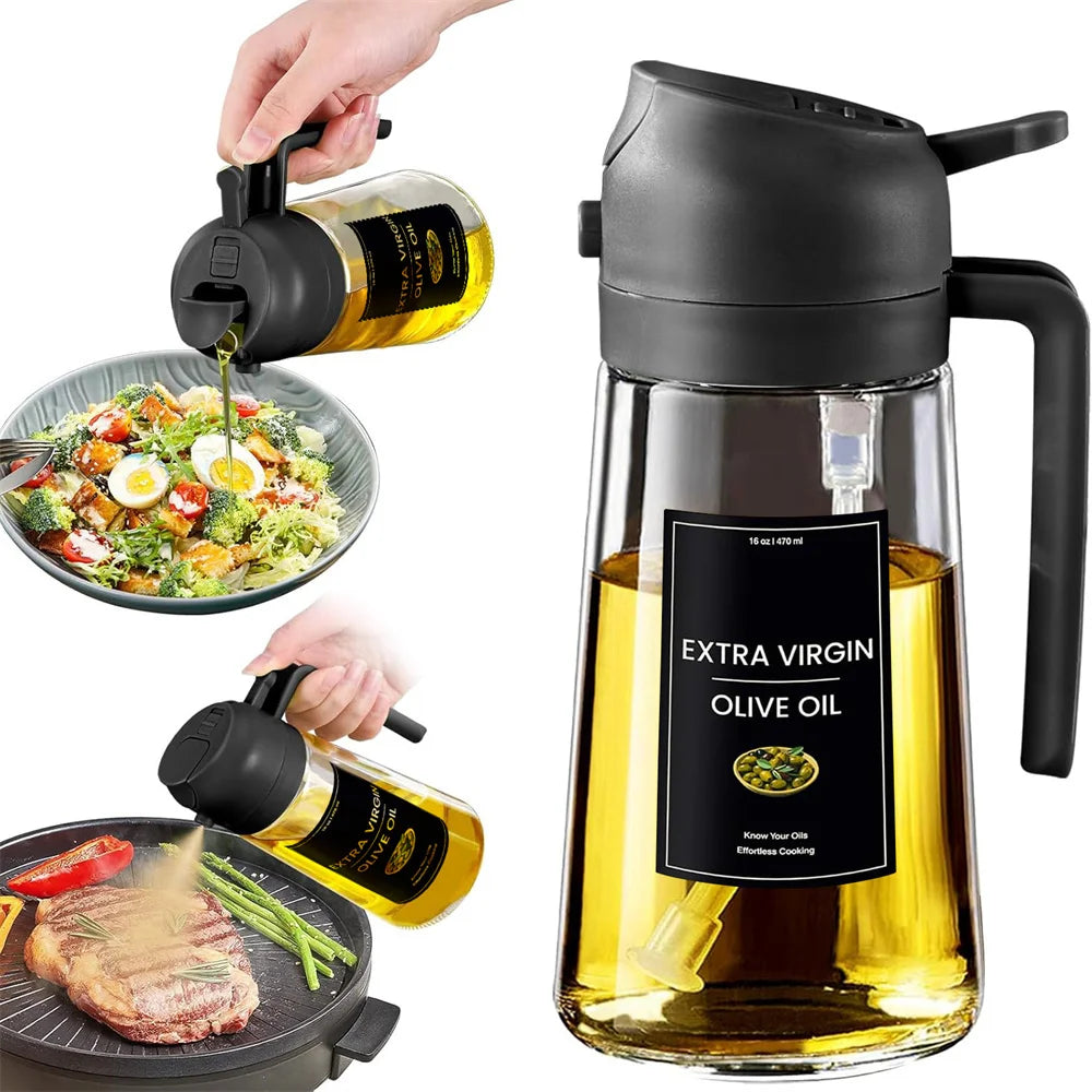 Flacon pulvérisateur d'huile en verre 470 ml avec étiquettes – Spray 2en1 alimentaire