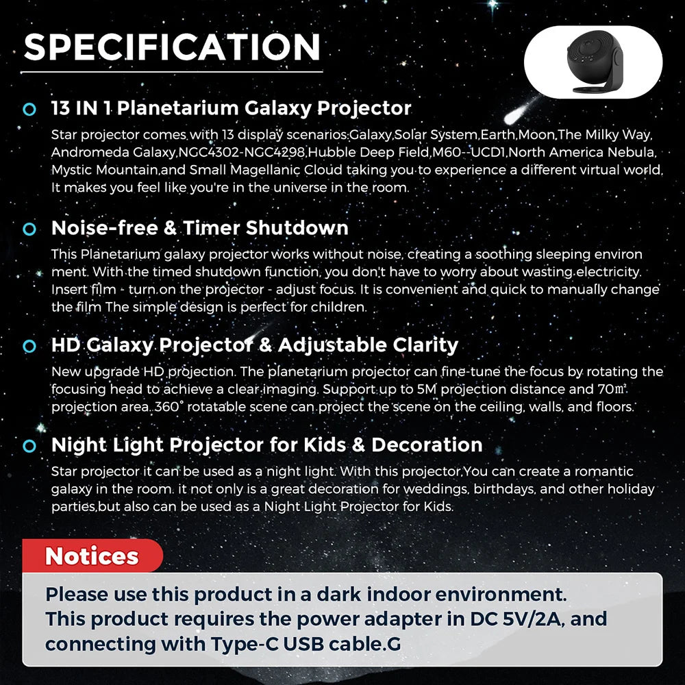 Projecteur ciel étoilé Galaxy 13 en 1 – Veilleuse LED rotative 360° avec minuteur