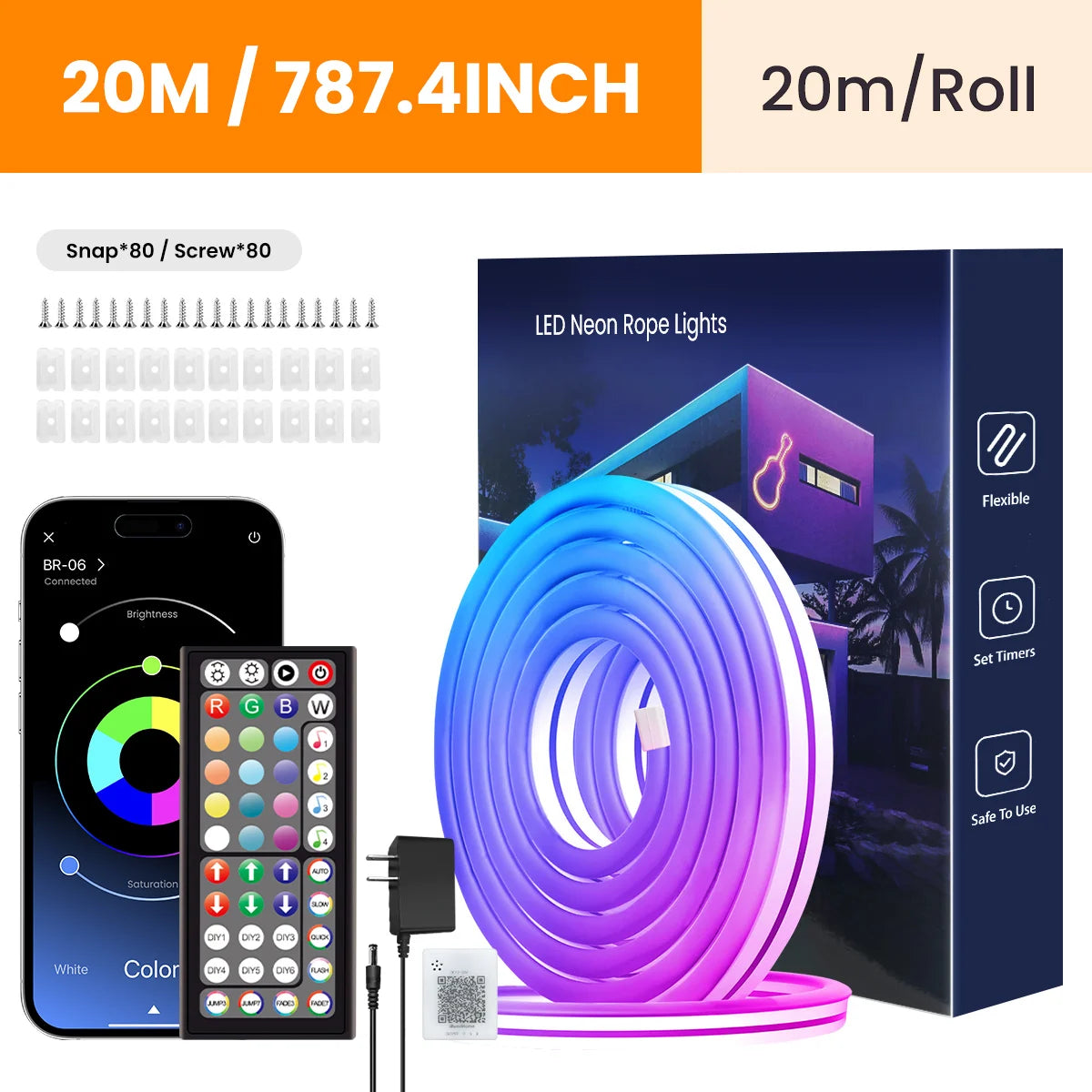 RGB Flexible Neon Strip Lights with App/Remote Control, Multiple Modes, Music Sync,  IP65 Waterproof LED Strip Neon Rope Lamp