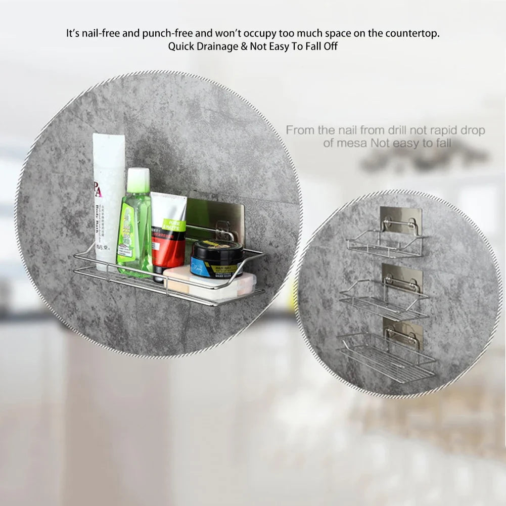 Stainless Steel Bathroom Storage Shower Shelf Punch-Free Kitchen Toilet Wall Hanging Rack Organizer Bathroom Corner Shelves Set