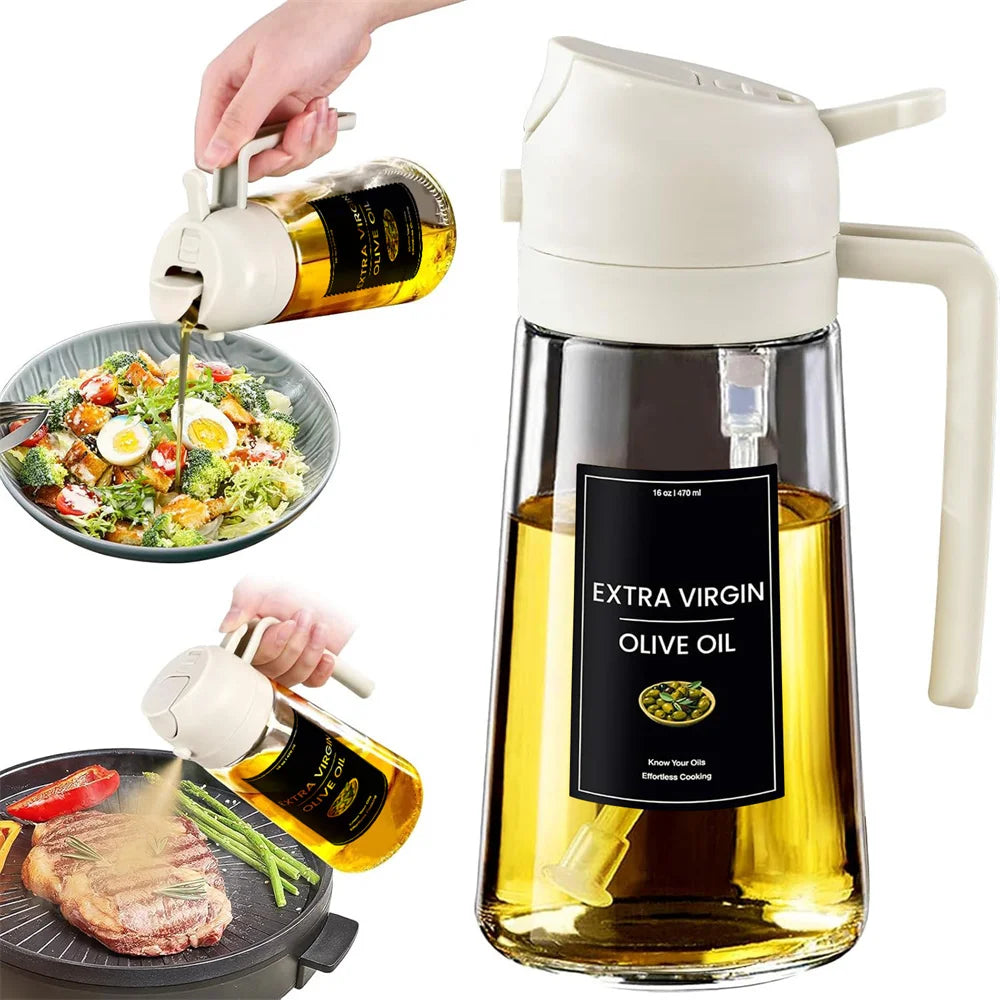 Distributeur d'huile 2en1 470 ml – Spray et bec verseur pour cuisine, avec étiquettes