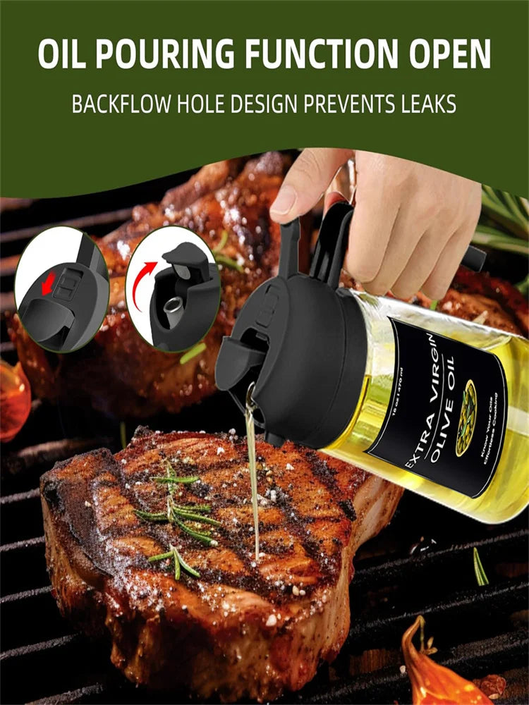 Distributeur d'huile 2en1 470 ml – Spray et bec verseur pour cuisine, avec étiquettes