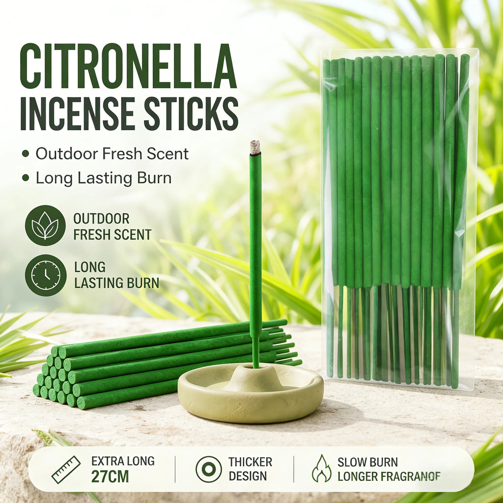 27cm Thick Lemongrass Mosquito Repellent Incense Sticks—Burn Time Can Last up to 1 to 2.5 Hours (Burning Time Is Affected by Wind Conditions), Contains Lemongrass Oil, Mint, and Rosemary Fragrance, Suitable for Patios, Gard