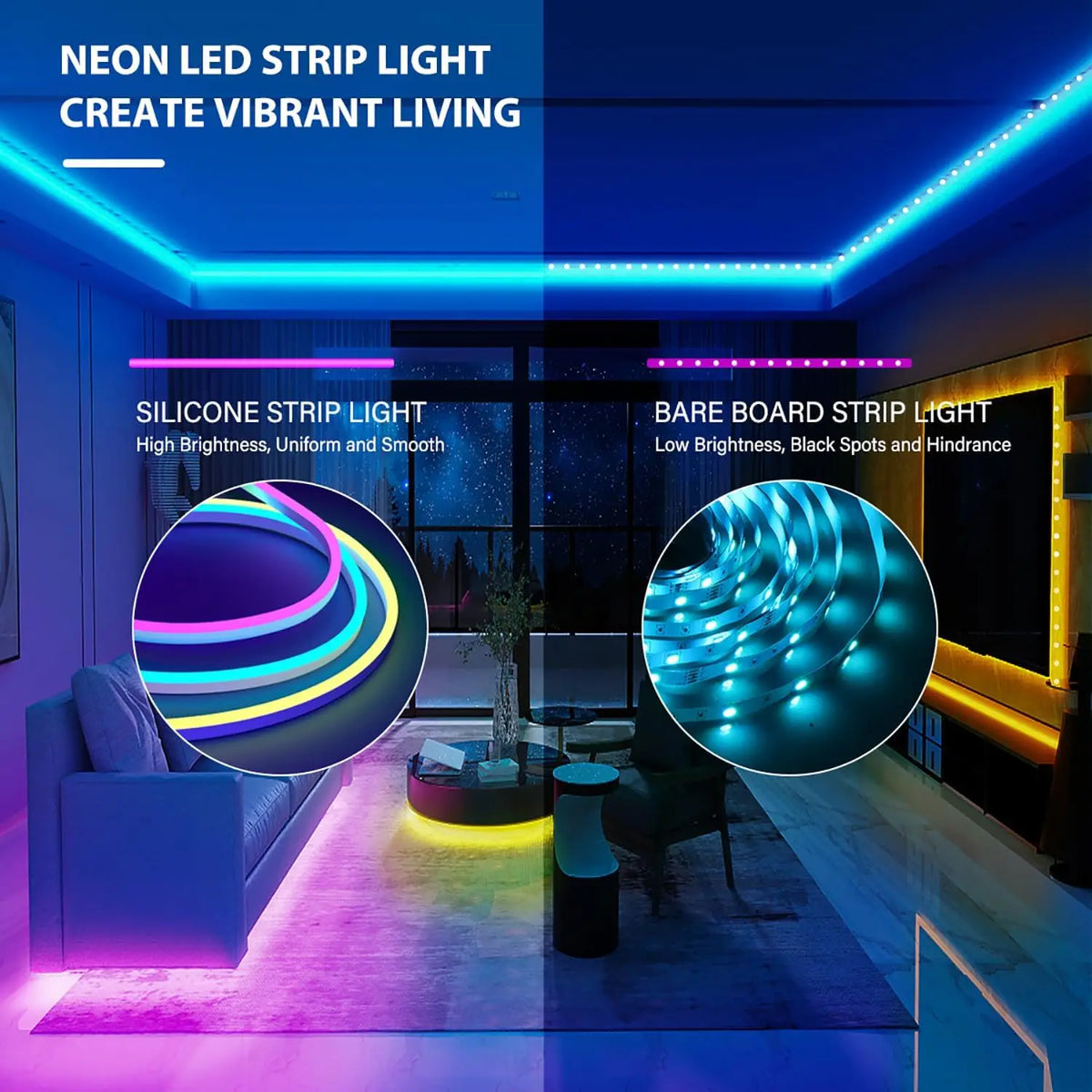 Ruban néon LED RGB flexible 5 m / 10 m – Contrôle par appli et télécommande, étanche IP65