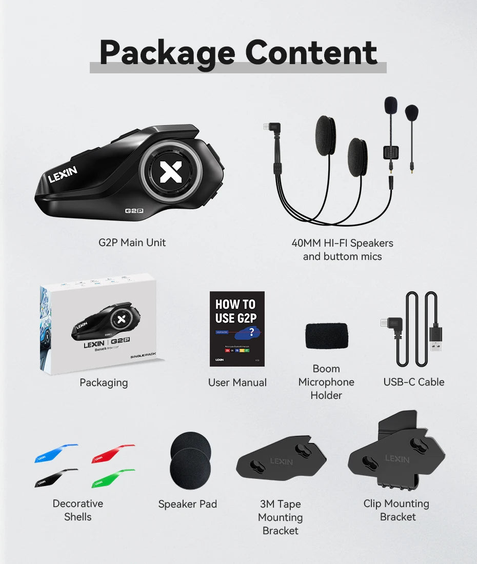 Lexin G2P Motorcycle Intercom Helmet Bluetooth Headsets,Handsfree Communicator Up to 6 Riders Interphone with FM Radio