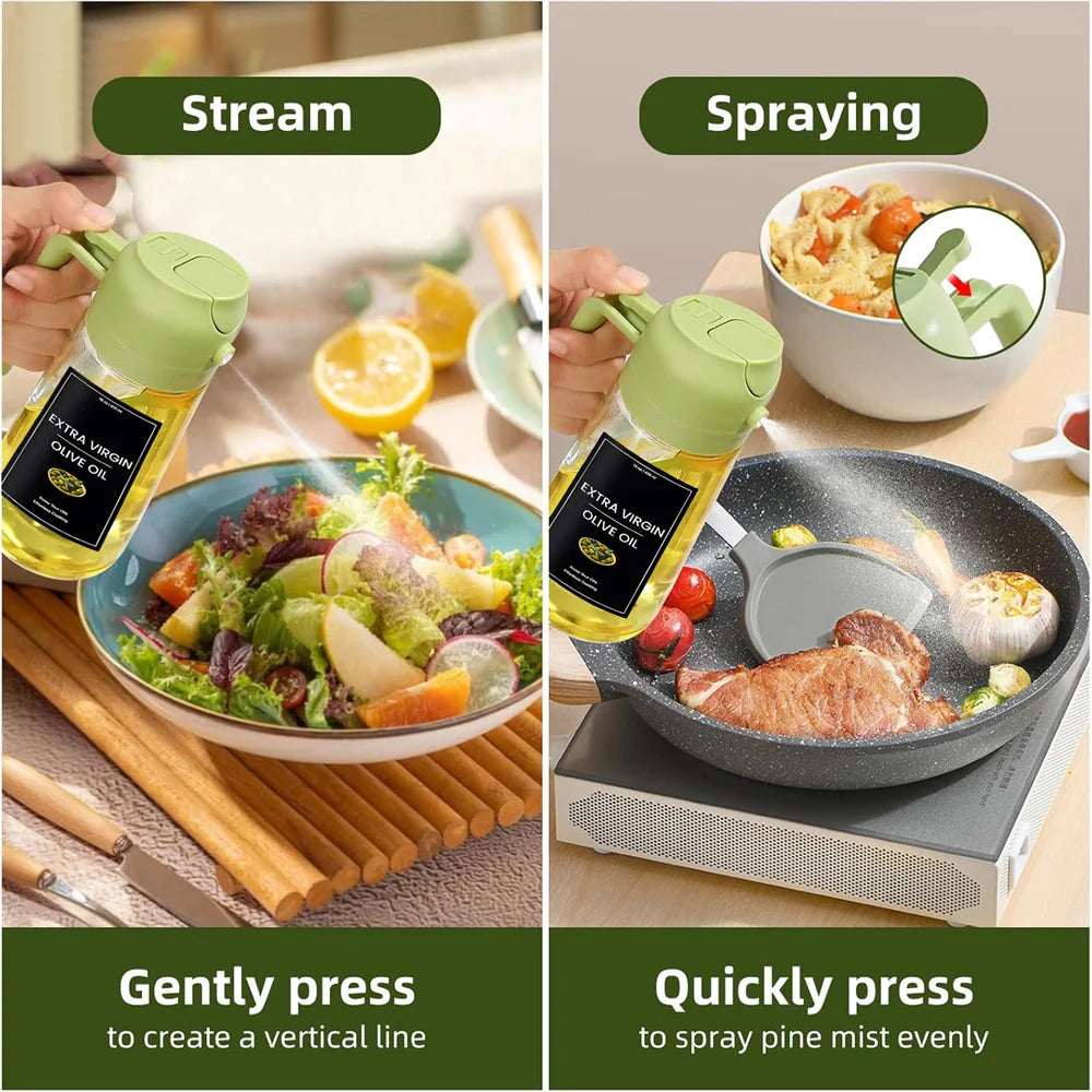 Distributeur d'huile 2en1 470 ml – Spray et bec verseur pour cuisine, avec étiquettes
