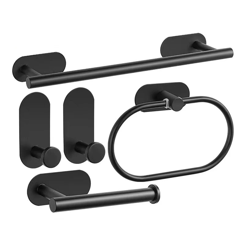 No Drilling Stainless Steel Towel Bar Paper Holder Self-adhesive Towel Ring Robe Hook Matte Black Silver Bathroom Accessory Set