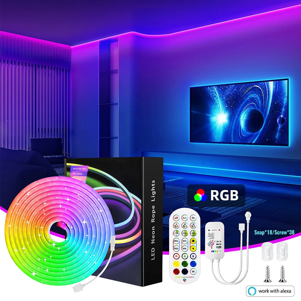 Ruban néon LED RGB flexible 5 m / 10 m – Contrôle par appli et télécommande, étanche IP65