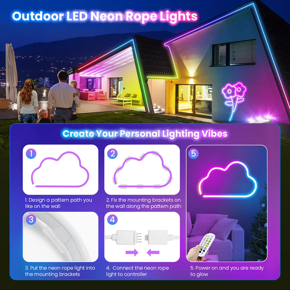 Ruban néon LED RGB flexible 5 m / 10 m – Contrôle par appli et télécommande, étanche IP65