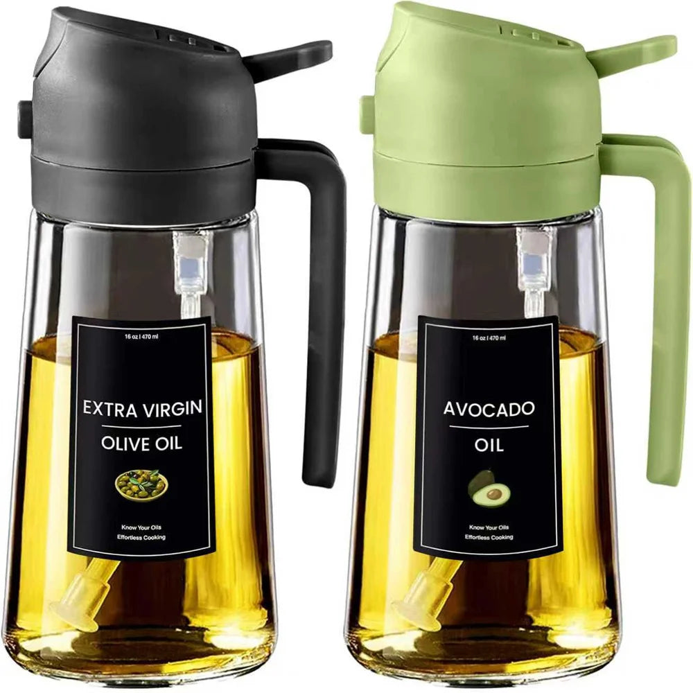 Distributeur d'huile 2en1 470 ml – Spray et bec verseur pour cuisine, avec étiquettes