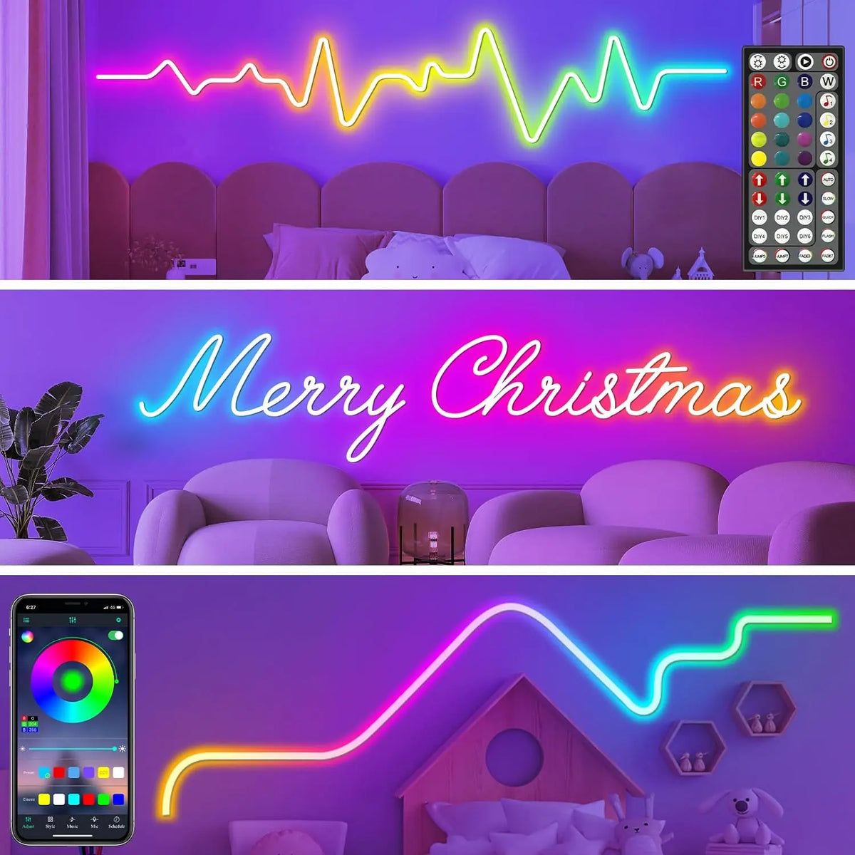 RGB Flexible Neon Strip Lights with App/Remote Control, Multiple Modes, Music Sync,  IP65 Waterproof LED Strip Neon Rope Lamp