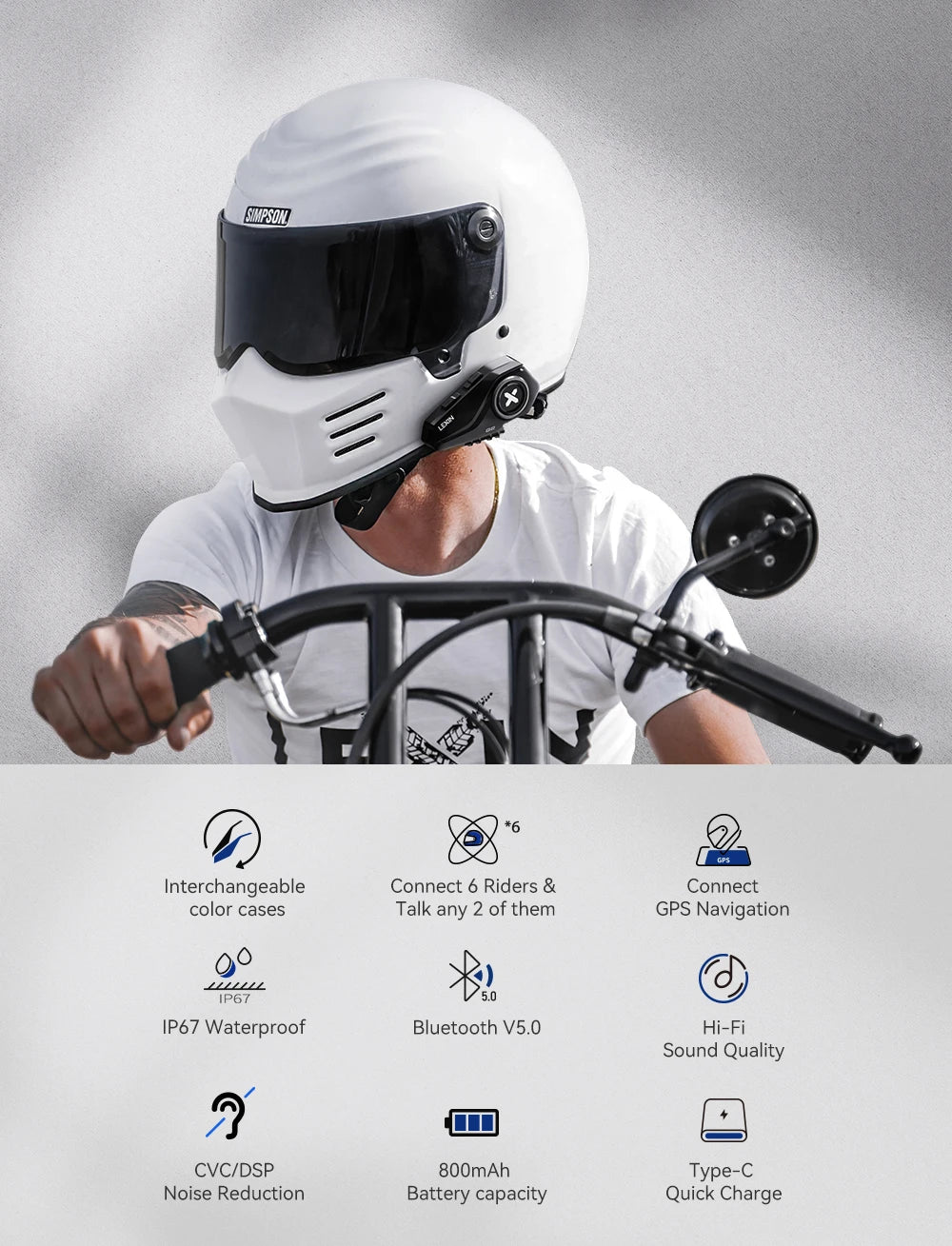 Lexin G2P Motorcycle Intercom Helmet Bluetooth Headsets,Handsfree Communicator Up to 6 Riders Interphone with FM Radio