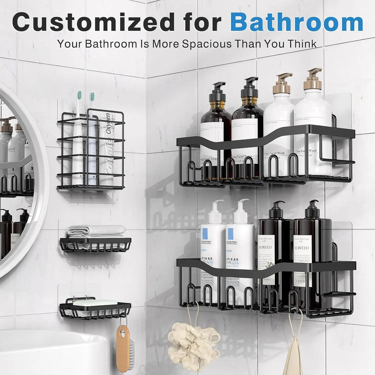 Adhesive Shower Caddy, 5 Pack Rustproof Stainless Steel Bath Organizers, No Drilling Shelves for Bathroom Storage & Home Decor