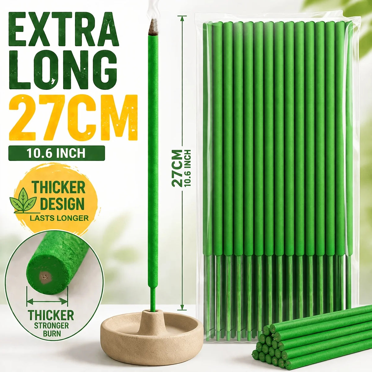 27cm Thick Lemongrass Mosquito Repellent Incense Sticks—Burn Time Can Last up to 1 to 2.5 Hours (Burning Time Is Affected by Wind Conditions), Contains Lemongrass Oil, Mint, and Rosemary Fragrance, Suitable for Patios, Gard