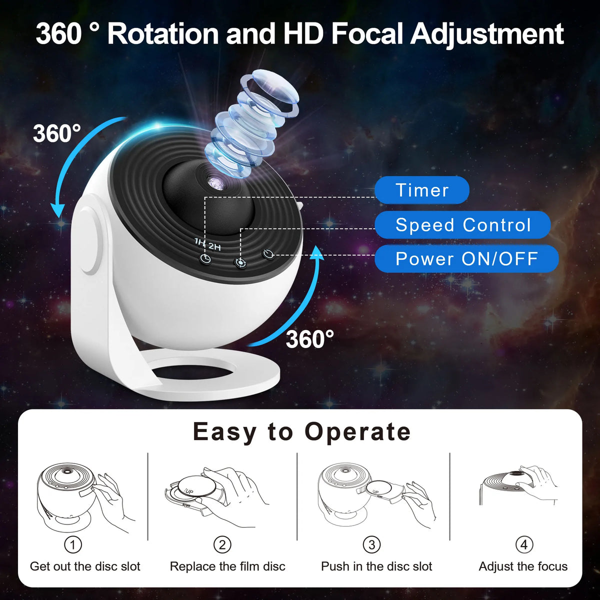 Projecteur ciel étoilé Galaxy 13 en 1 – Veilleuse LED rotative 360° avec minuteur