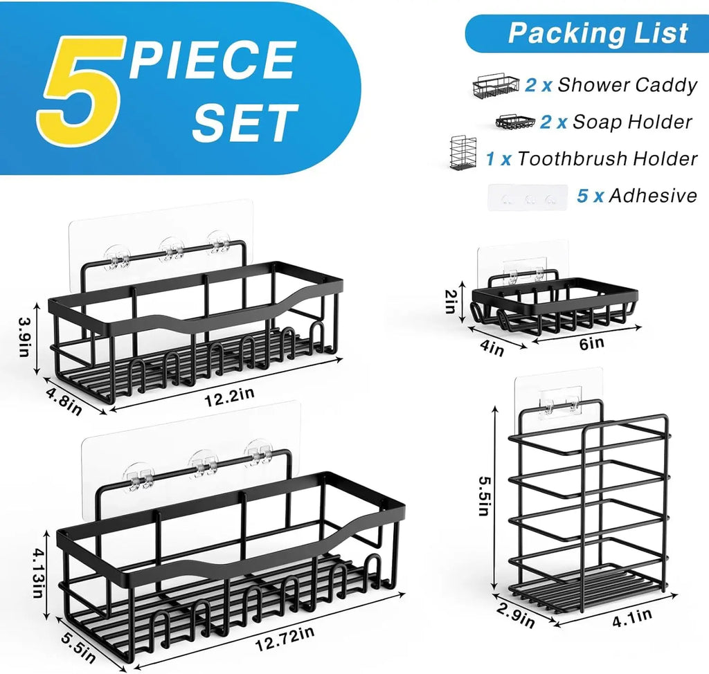 Adhesive Shower Caddy, 5 Pack Rustproof Stainless Steel Bath Organizers, No Drilling Shelves for Bathroom Storage & Home Decor