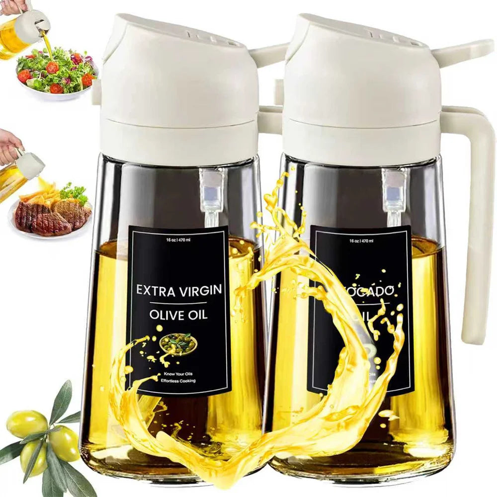 Distributeur d'huile 2en1 470 ml – Spray et bec verseur pour cuisine, avec étiquettes