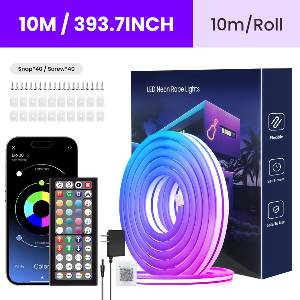 RGB Flexible Neon Strip Lights with App/Remote Control, Multiple Modes, Music Sync,  IP65 Waterproof LED Strip Neon Rope Lamp