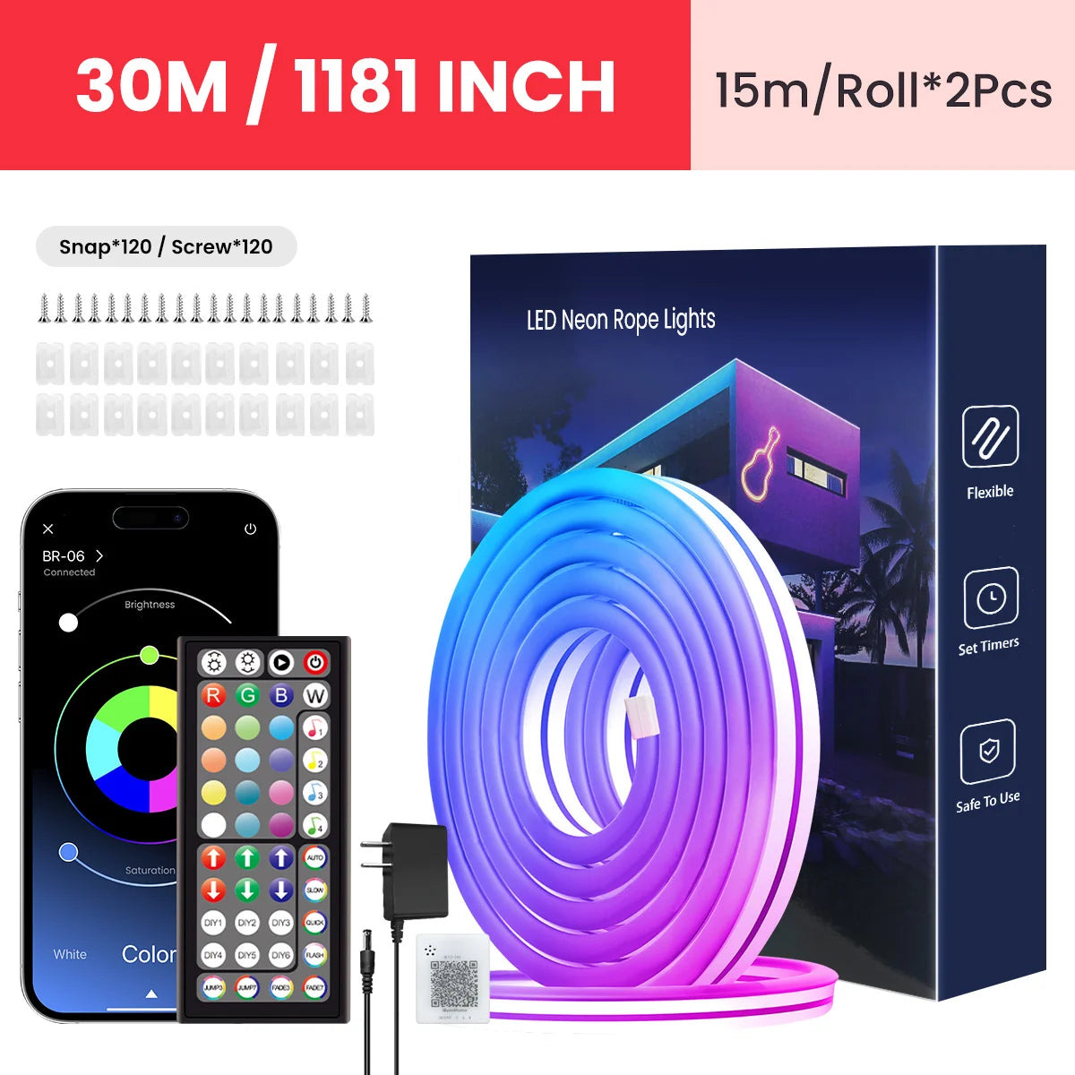 RGB Flexible Neon Strip Lights with App/Remote Control, Multiple Modes, Music Sync,  IP65 Waterproof LED Strip Neon Rope Lamp