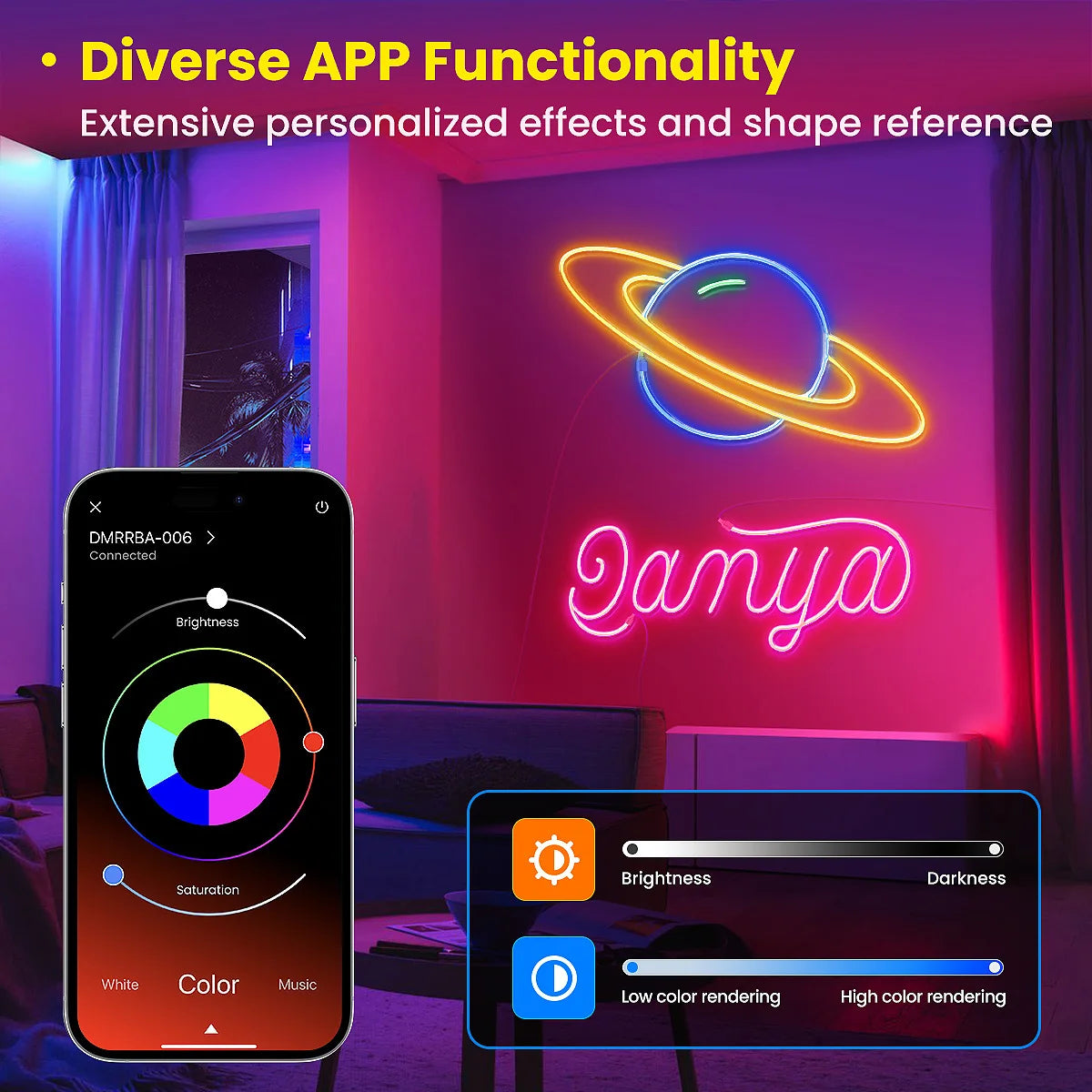RGB Flexible Neon Strip Lights with App/Remote Control, Multiple Modes, Music Sync,  IP65 Waterproof LED Strip Neon Rope Lamp
