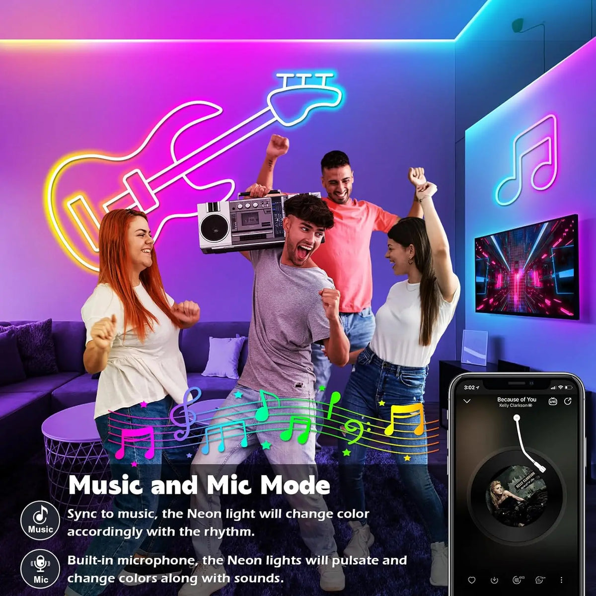RGB Flexible Neon Strip Lights with App/Remote Control, Multiple Modes, Music Sync,  IP65 Waterproof LED Strip Neon Rope Lamp