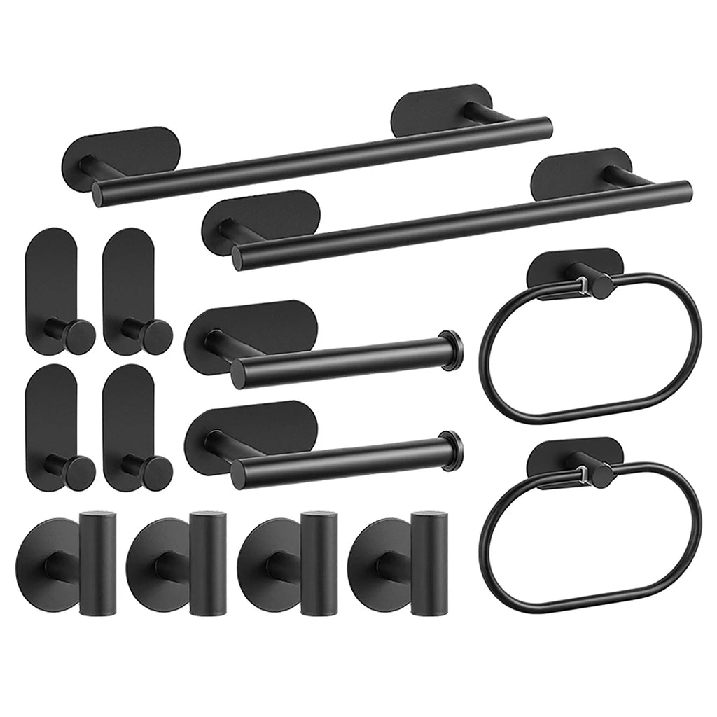 No Drilling Stainless Steel Towel Bar Paper Holder Self-adhesive Towel Ring Robe Hook Matte Black Silver Bathroom Accessory Set