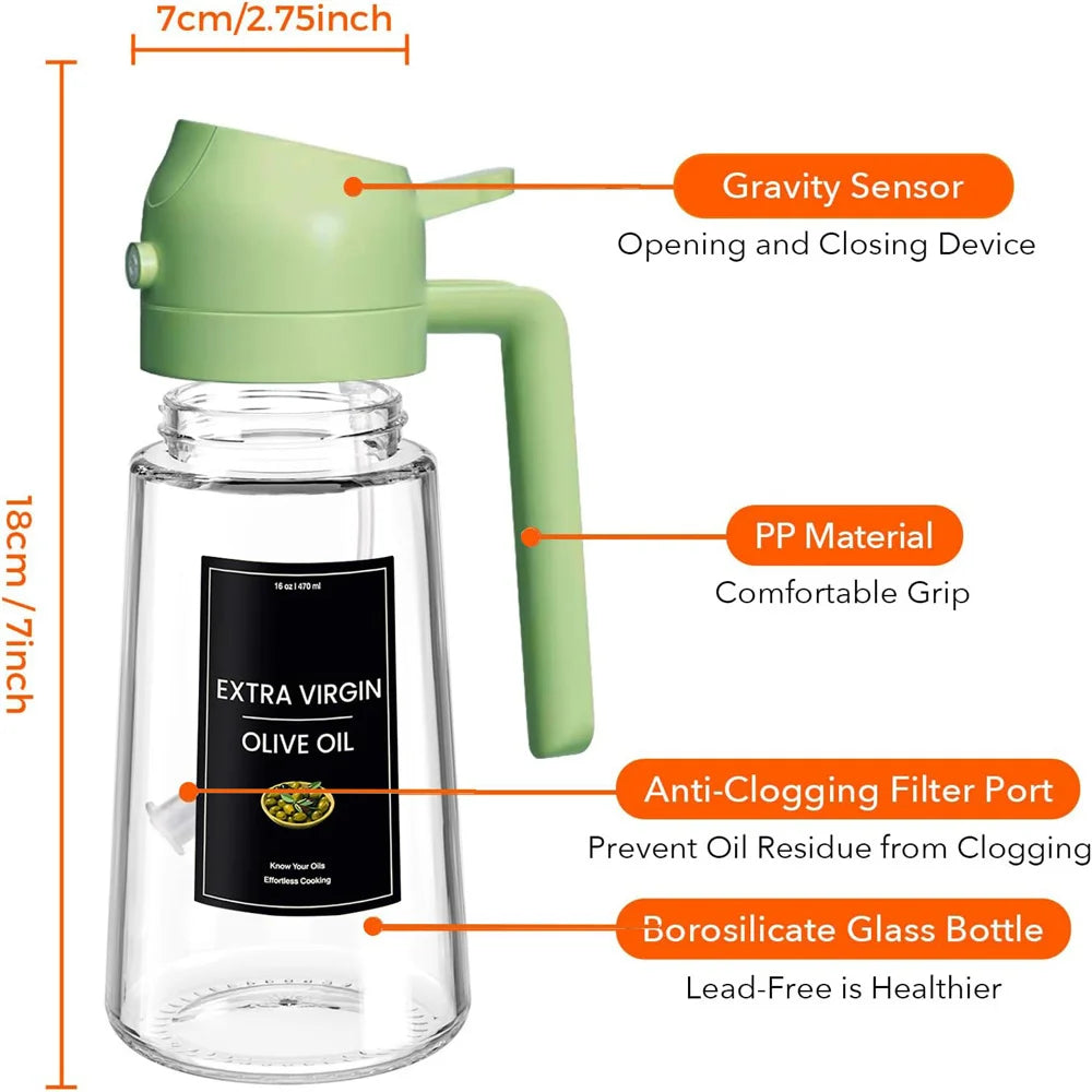 Distributeur d'huile 2en1 470 ml – Spray et bec verseur pour cuisine, avec étiquettes