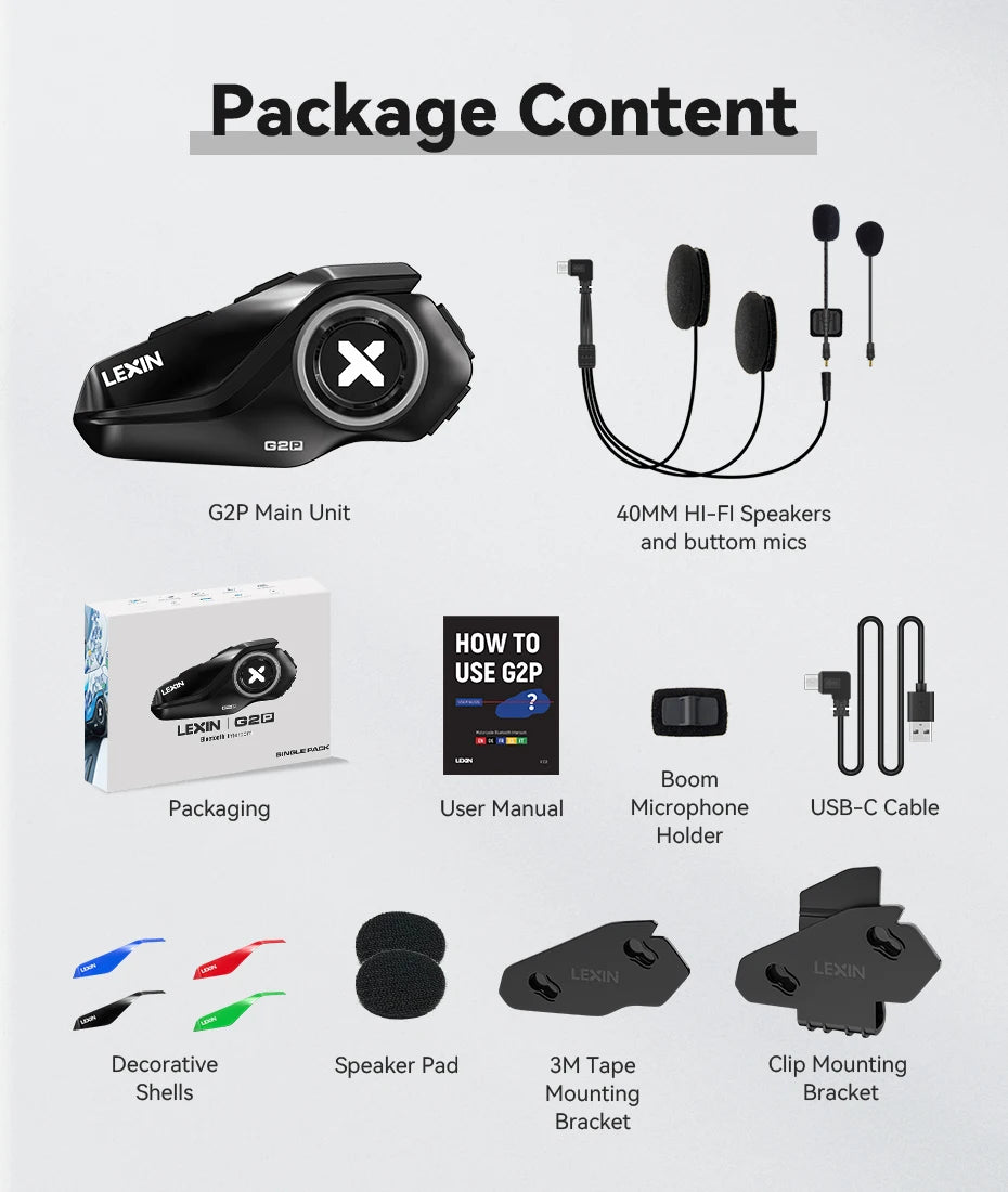 Lexin G2P Motorcycle Intercom Helmet Bluetooth Headsets,Handsfree Communicator Up to 6 Riders Interphone with FM Radio