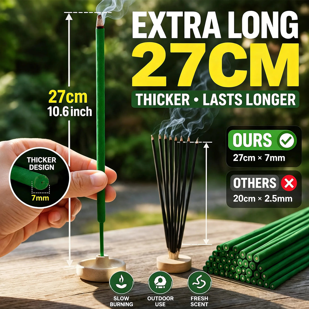 27cm Thick Lemongrass Mosquito Repellent Incense Sticks—Burn Time Can Last up to 1 to 2.5 Hours (Burning Time Is Affected by Wind Conditions), Contains Lemongrass Oil, Mint, and Rosemary Fragrance, Suitable for Patios, Gard
