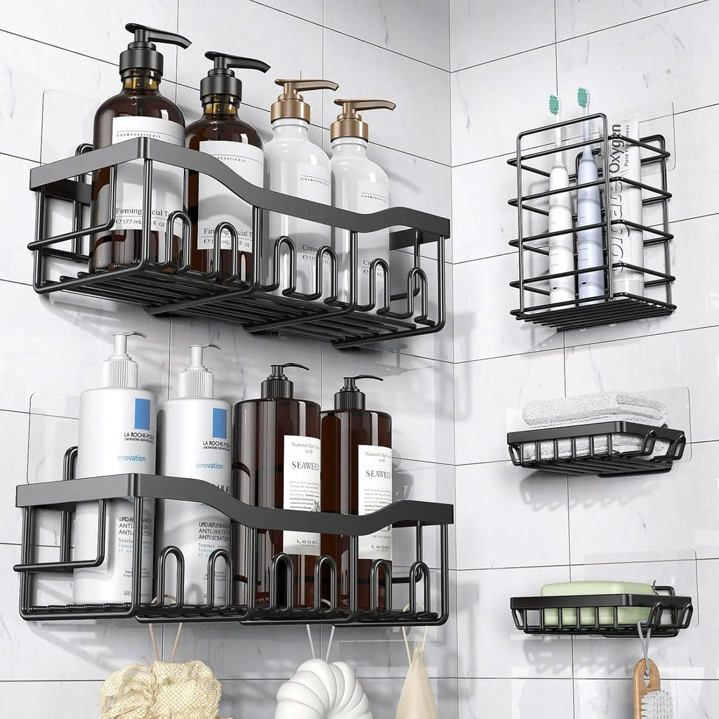 Adhesive Shower Caddy, 5 Pack Rustproof Stainless Steel Bath Organizers, No Drilling Shelves for Bathroom Storage & Home Decor