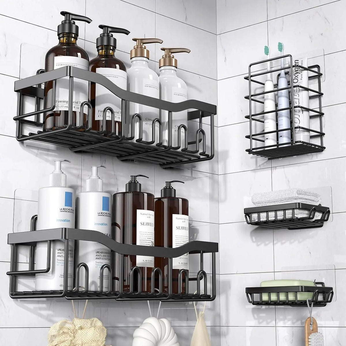 Adhesive Shower Caddy, 5 Pack Rustproof Stainless Steel Bath Organizers, No Drilling Shelves for Bathroom Storage & Home Decor