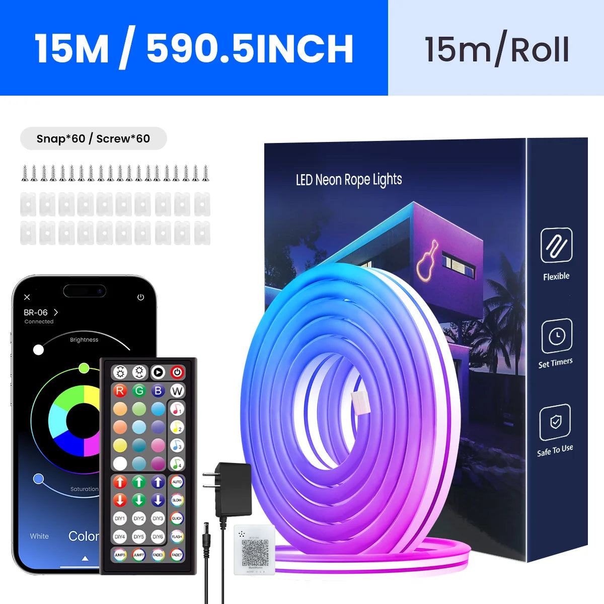 RGB Flexible Neon Strip Lights with App/Remote Control, Multiple Modes, Music Sync,  IP65 Waterproof LED Strip Neon Rope Lamp