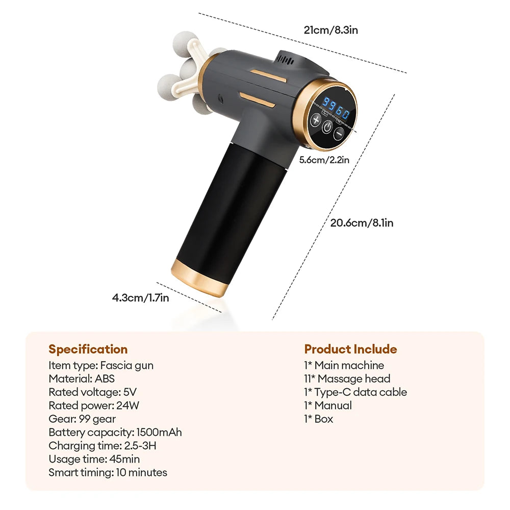 Pistolet de massage électrique 11 en 1 – 99 vitesses, percussion musculaire bras, jambes et dos