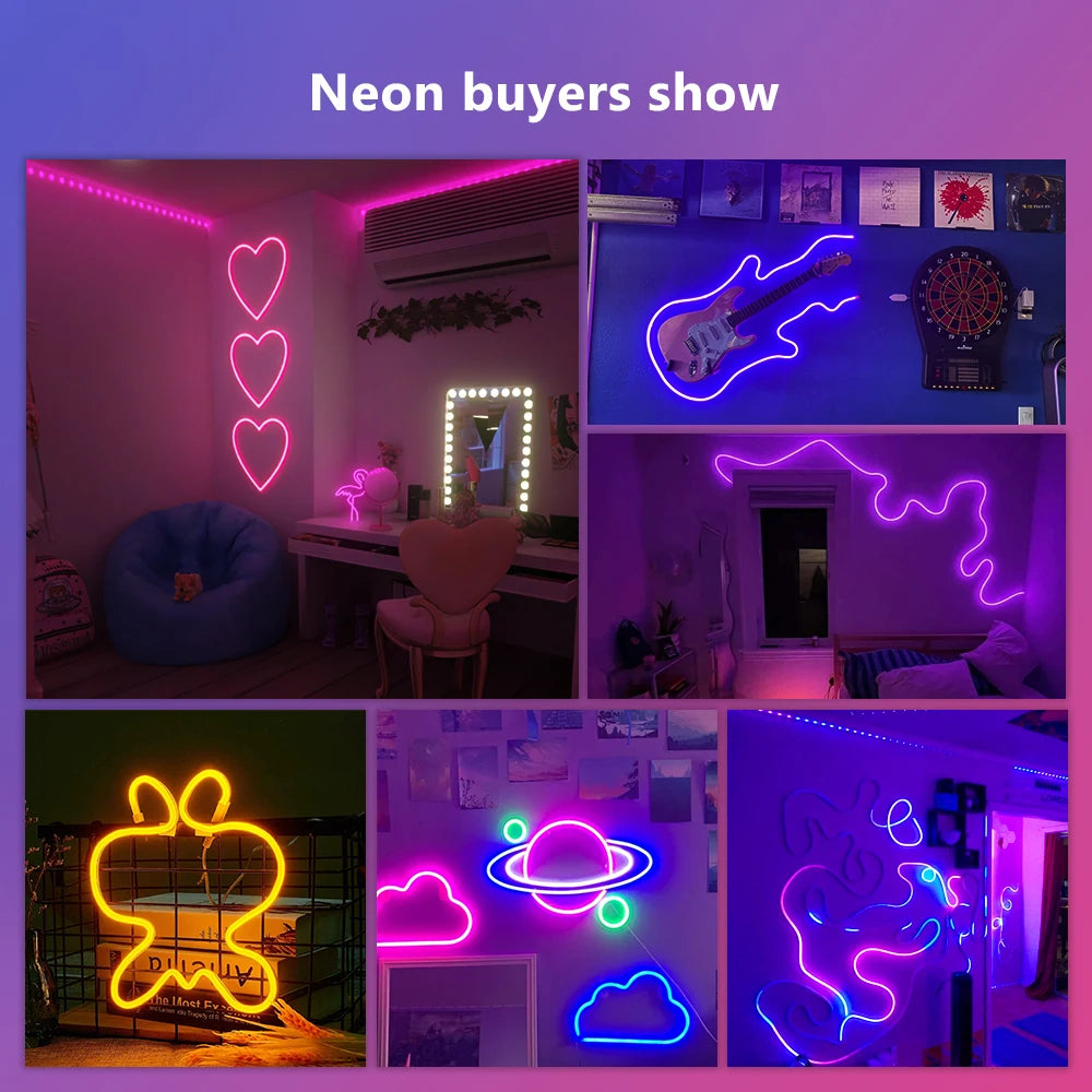 RGB Flexible Neon Strip Lights with App/Remote Control, Multiple Modes, Music Sync,  IP65 Waterproof LED Strip Neon Rope Lamp
