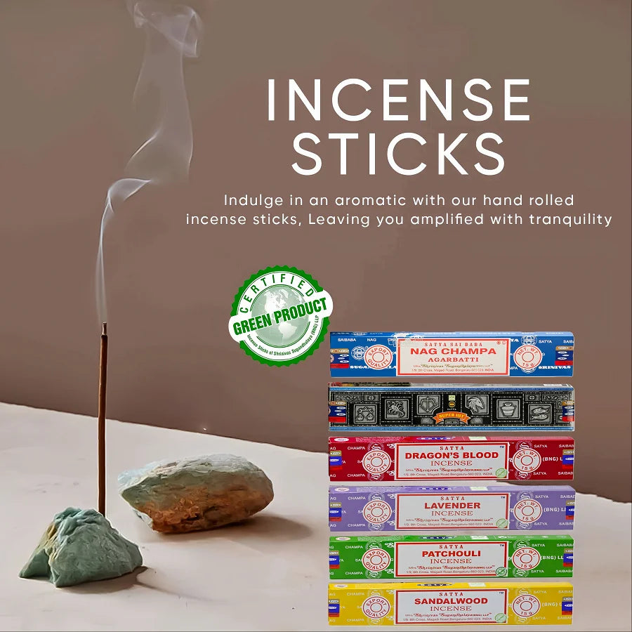 Satya Sai Baba 15g Hand-Rolled Incense Sticks, 6 Scents: Sandalwood, Lavender, Dragon's Blood, Agarwood, Patchouli, etc.
