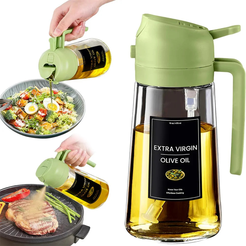 Flacon pulvérisateur d'huile en verre 470 ml avec étiquettes – Spray 2en1 alimentaire