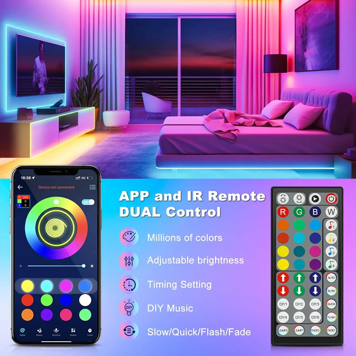 40M/30M RGB LED Strip Lights with Remote Control Bluetooth App, Dimmable Colour Changing LED Fairy Lamps Music Sync for Room