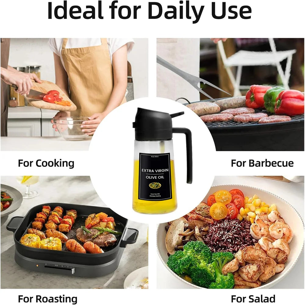 Flacon pulvérisateur d'huile en verre 470 ml avec étiquettes – Spray 2en1 alimentaire