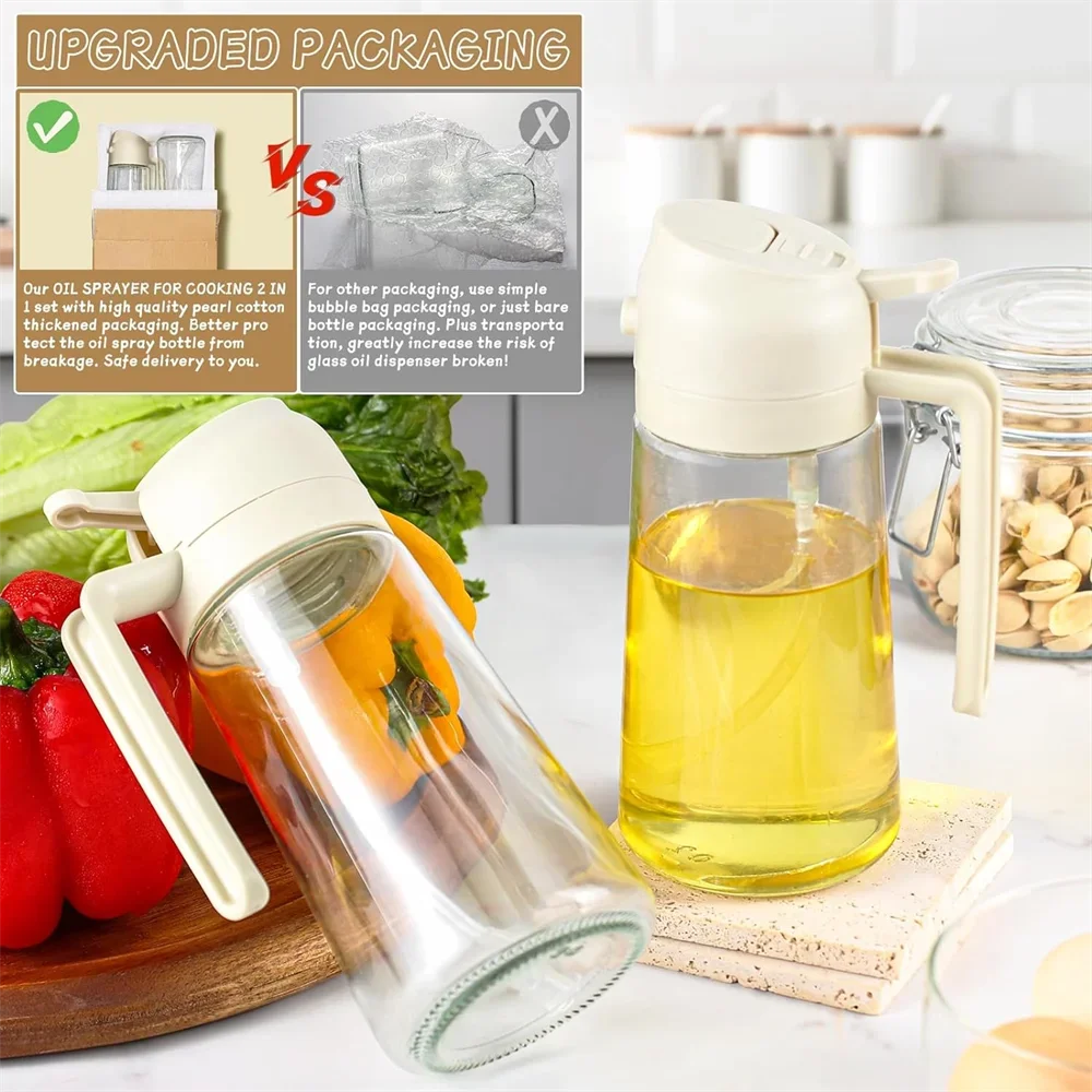Pulvérisateur d'huile d'olive 2en1 en verre 470 ml – Spray et verseur pour cuisine