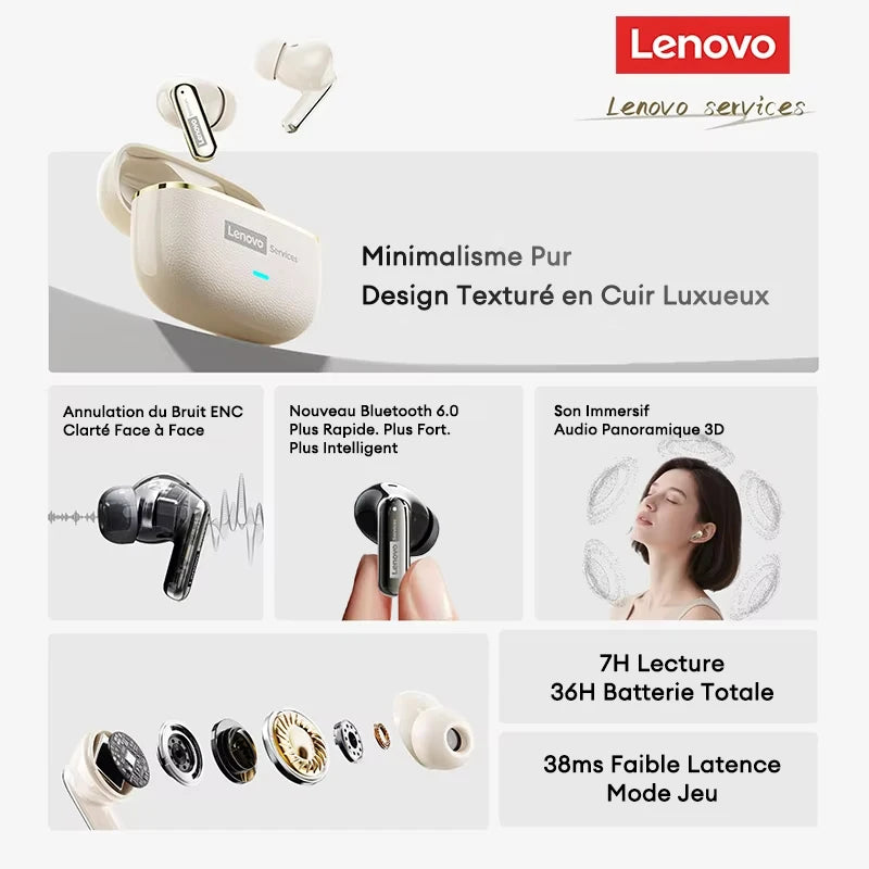 Lenovo LE208 TWS Bluetooth 6.0 Wireless Leather Earphones Stereo ENC Noise Cancelling Headphone 38ms Low Latency Gaming Headset
